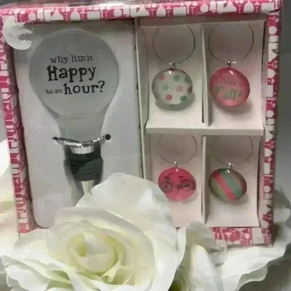 Wine Bottle Stopper and Wine Glass Charm Gift Set